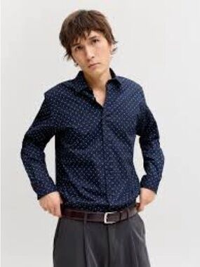 Robert Graham Navy Blue Dot-Print Dress Shirt